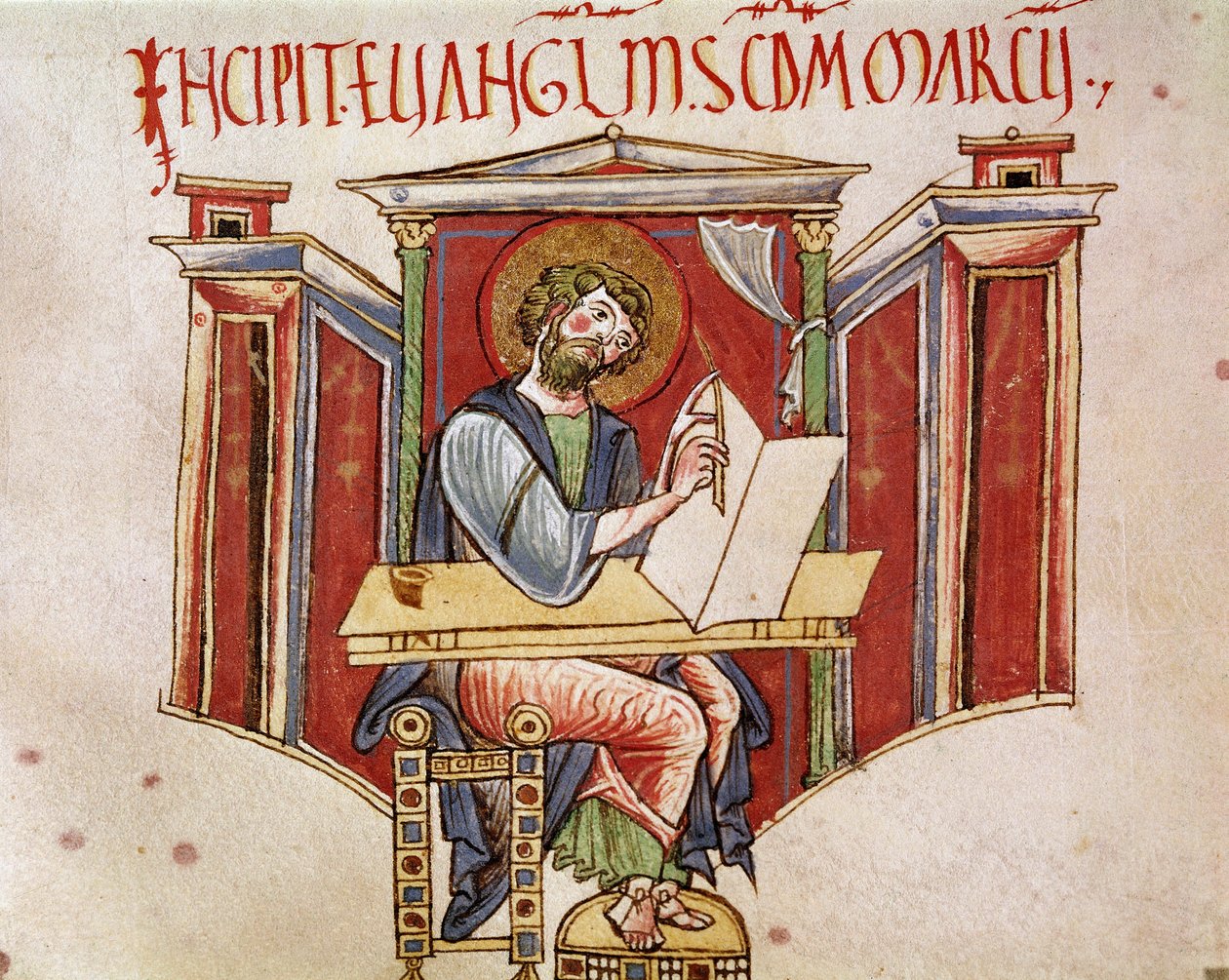 تمثيل القديس مرقس الإنجيلي من مخطوطة للرهبان البينديكتين "Liber evangeliarum" من القرن الحادي عشر أو الثاني عشر Biblioteca Vallicelliana Rome بواسطة فنان غير معروف