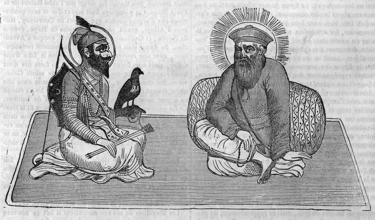 تمثيل مؤسسي السيخية (أو ديانة السيخ): جورو ناناك (1469-1539) وجورو جوبيند سينغ (1666-1708). في "" Le magazin الخلابة "" 1836 بواسطة فنان غير معروف