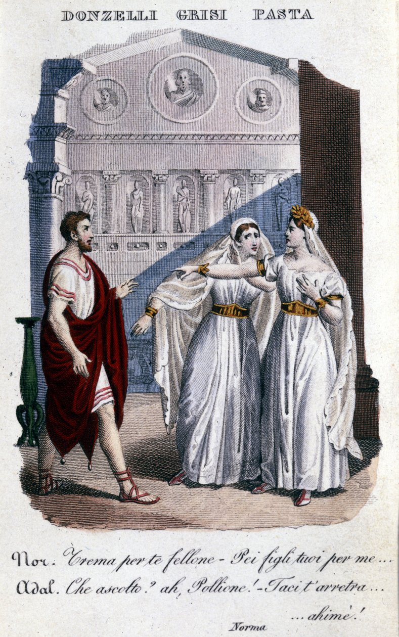 تمثيل المترجمين الفوريين للتمثيل الأول لـ "La Norma" بواسطة Vincenzo Bellini (1801 - 1835): من اليسار إلى اليمين Domenico Donzelli (Pollione) و Giuditta Grisi (Adalgisa) و Giuditta Pasta (Norma) 1833. بواسطة فنان غير معروف