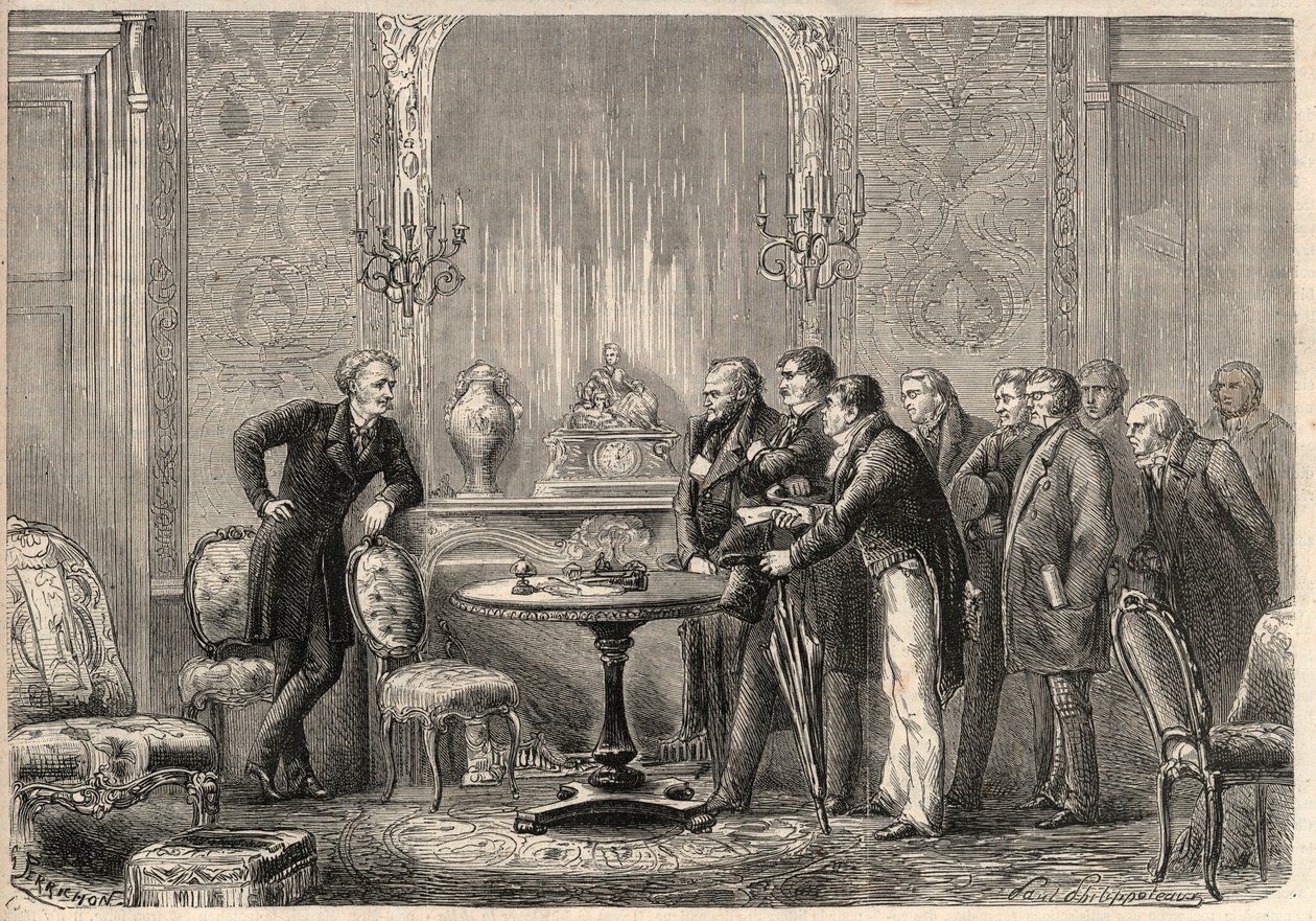 تمثيل مسرحية "ميركاديت" (Le Faiseur) بواسطة Honore de Balzac (1799-1850) في الكوميديا Francaise. الفصل الثالث ، المشهد السادس. نقش في "" L'Univers اللامع "" بواسطة فنان غير معروف