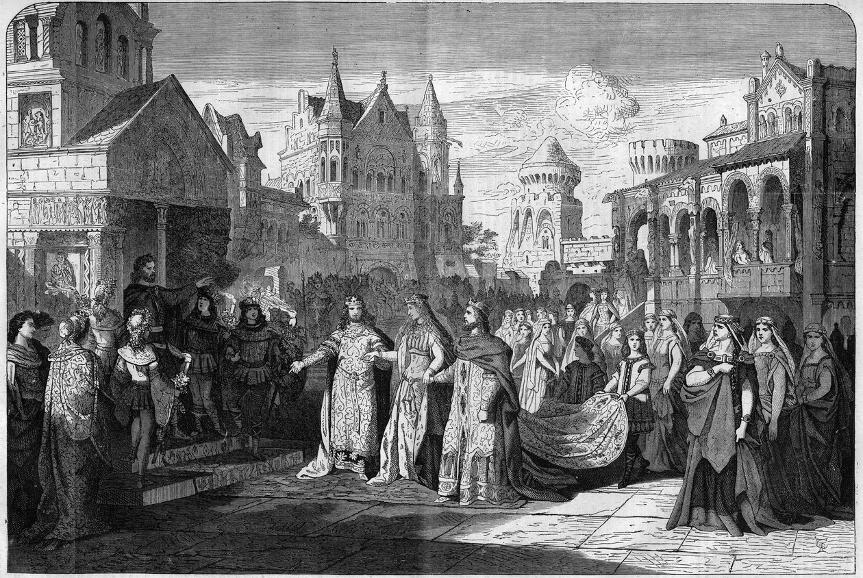 تمثيل للأوبرا الرومانسية "Lohengrin" لريتشارد واجنر (1813-1883) ، المشهد الثاني في المسرح الملكي في ميونيخ ، ألمانيا. نقش في "الكون المصور" بواسطة فنان غير معروف