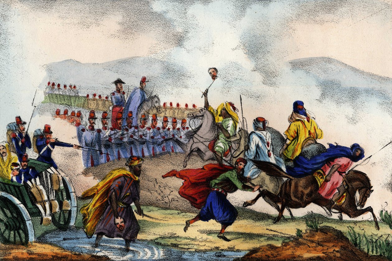 تقاعد العرب أمام الساحة التي شكلها الجيش الفرنسي لأفريقيا في قسنطينة عام 1837. في "" Storia d'Algeri "، بقلم ليون جاليبرت ، المجلد. 2 بواسطة فنان غير معروف