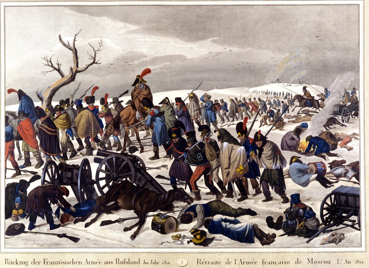 انسحب من الجيش الفرنسي لموسكو عام 1812. نقش القرن التاسع عشر. بواسطة فنان غير معروف