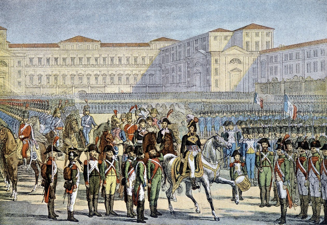 مراجعة للجيش الإيطالي مرت في ميلانو بواسطة الجنرال مراد (1800) - الطباعة الحجرية بواسطة فنان غير معروف