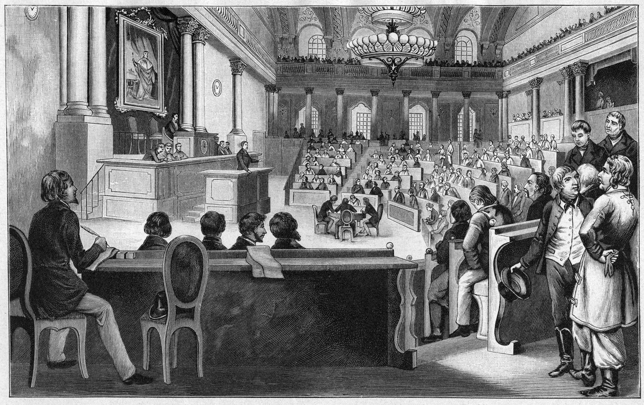 ثورة فيين 1848 - اجتماع أول جمعية تأسيسية نمساوية (Reichsversammlung) ، يوليو 1848 ، في المدرسة الإسبانية للفروسية في فيينا ، النمسا. بواسطة فنان غير معروف