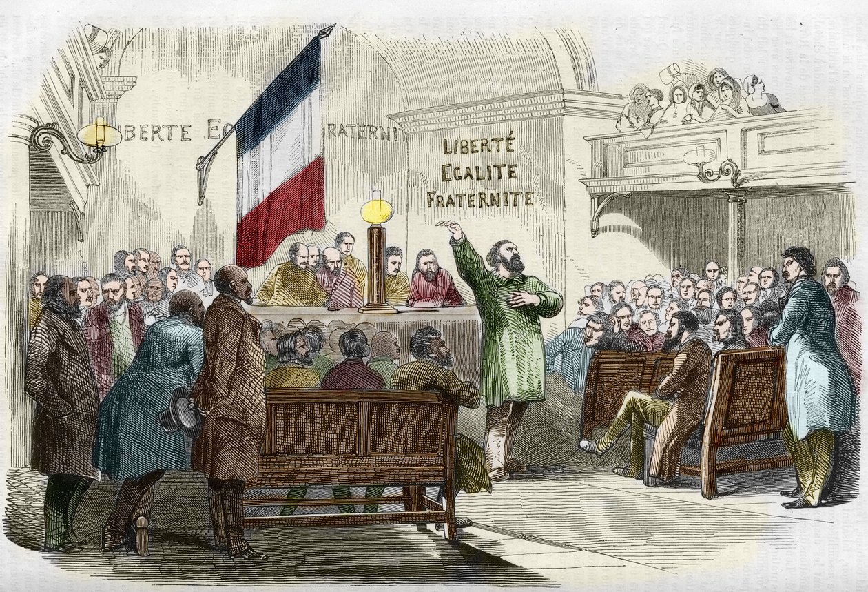 ثورة 1848: اجتماع النادي الجمهوري في باريس عام 1848. الجدار يقرأ الشعار الجمهوري "الحرية والمساواة والأخوة". (لقاء في ناد جمهوري). نقش القرن التاسع عشر. بواسطة فنان غير معروف