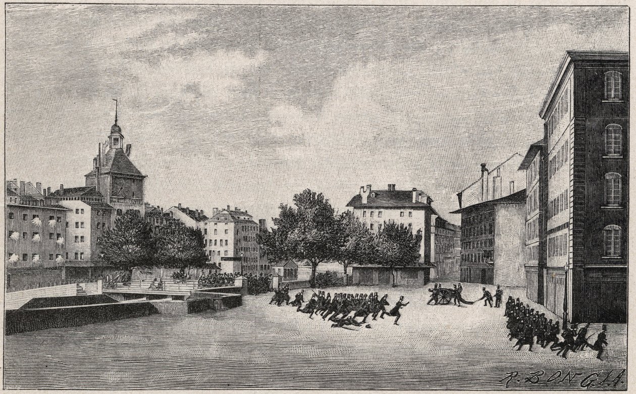ثورة جنيف من 7 إلى 8 أكتوبر 1846 (ثورة فاسست): الدفاع عن سانت جيرفيه في 7 أكتوبر 1846 - منظر لميدان بيل إير وبونتس دي ليل في وقت انسحاب القوات الحكومية - ثورة جنيف ، 7 و 8 أكتوبر بواسطة فنان غير معروف
