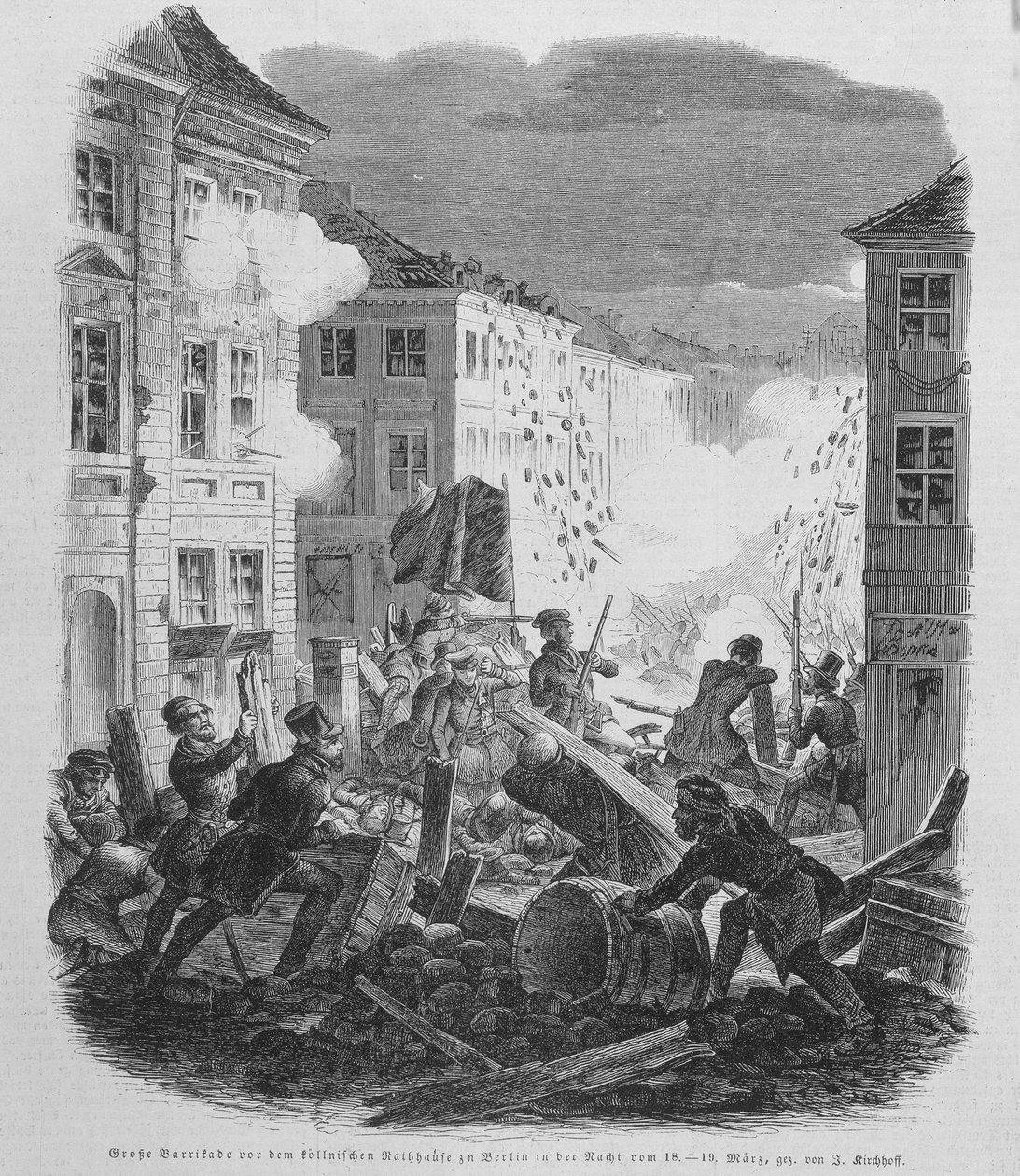 ثورة مارس 1848: حاجز في برلين في 19/03/1848. سيقود فريدريك ويليام الرابع من بروسيا لقبول إعادة التوحيد والحكومة الليبرالية. بواسطة فنان غير معروف
