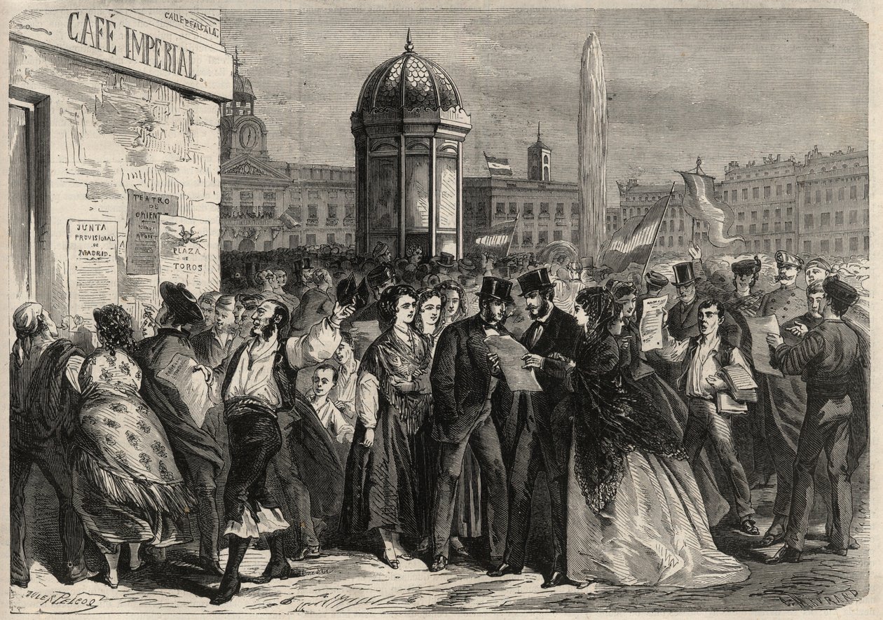 ثورة سبتمبر 1868 في إسبانيا (جلوريوزا): قراءة بيان المجلس العسكري في شارع الكالا في مدريد. نقش في "" L'Univers اللامع "" بواسطة فنان غير معروف