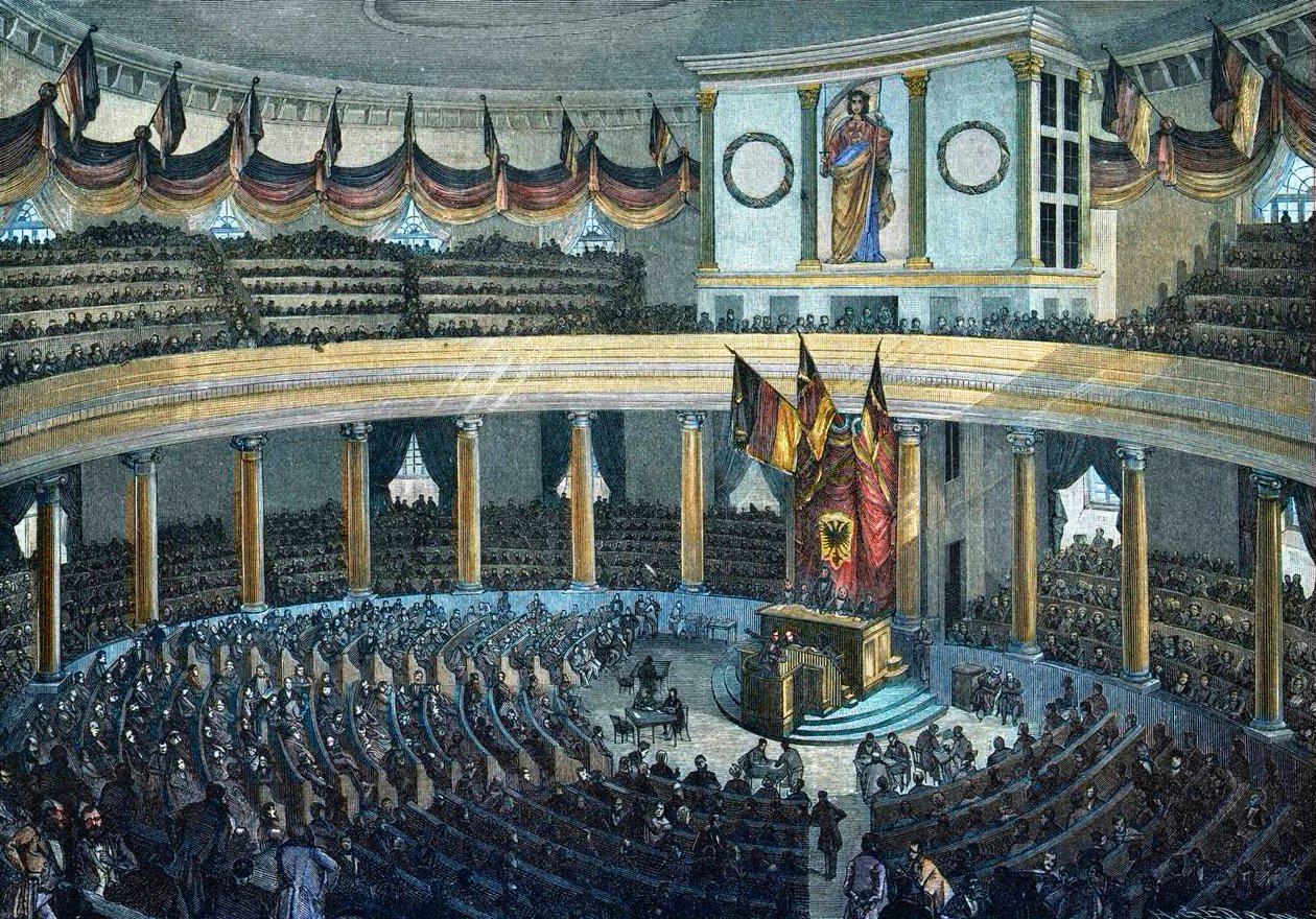 الثورات 1848 - 1849: الجمعية الوطنية الألمانية في كنيسة القديس بولس في فرانكفورت - نقش خشبي ملون بواسطة فنان غير معروف