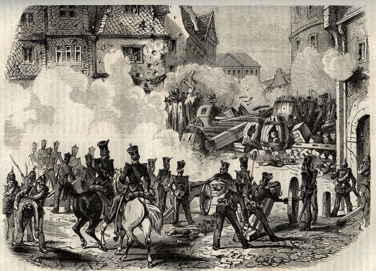 الثورات 1848-1849 ، ألمانيا ، فرانكفورت - اقتحام القوات حاجزًا في فرانكفورت ، ألمانيا ، في 18 سبتمبر بواسطة فنان غير معروف