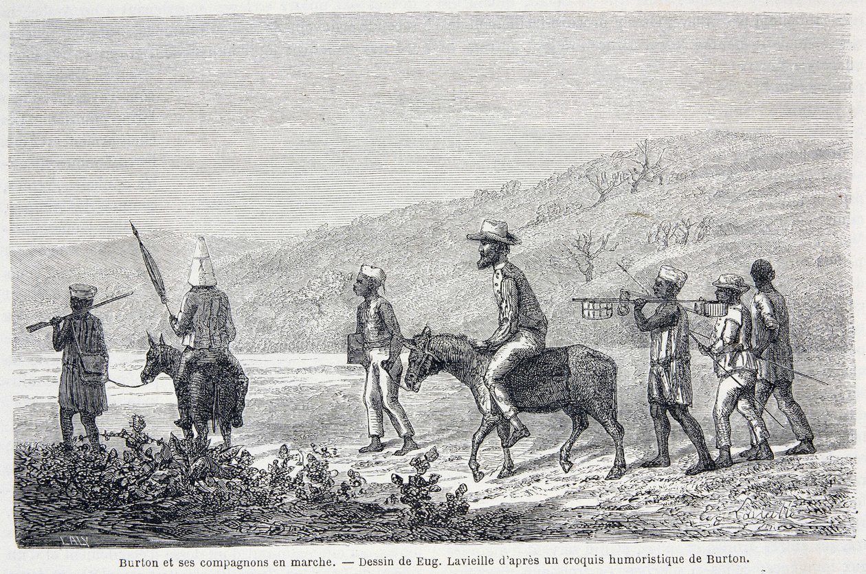ريتشارد فرانسيس بيرتون ، المستكشف البريطاني (1821-1890) ورفاقه في إفريقيا. رسم يوضح مقالة "" رحلة الكابتن بيرتون إلى البحيرات الكبرى بأفريقيا 1857-59 "- في" "تور دو موند" ، الفصل الدراسي الثاني. 1860 بواسطة فنان غير معروف