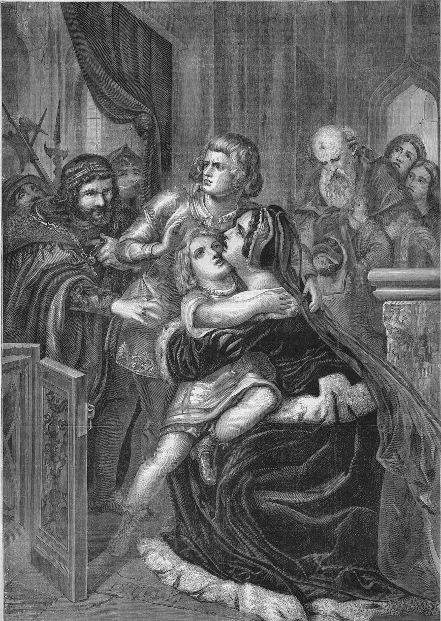 ريتشارد الثالث ملك إنجلترا يخطف أبناء أخيه إدوارد الرابع (1452-1485) من والدتهم. نقش من عام 1860 بناءً على لوحة ستيلك. بواسطة فنان غير معروف