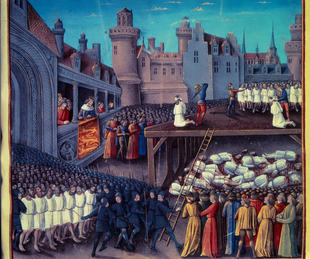 ريتشارد قلب الأسد (1157-1199) ألقي القبض على سجناء أتراك (مسلمين) في الحملة الصليبية الثالثة عام 1191. صورة مصغرة لمخطوطة لسيباستيان ماميرو بواسطة فنان غير معروف