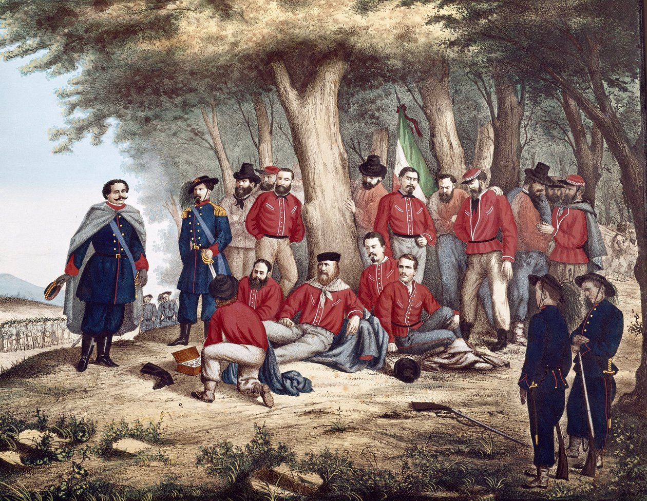 Risorgimento: "المواطن الإيطالي جوزيبي غاريبالدي (1807-1882) أصيب بجروح في أسبرومونتي ، 29/08/1862 ينقله جنود" (لوحة) بواسطة فنان غير معروف