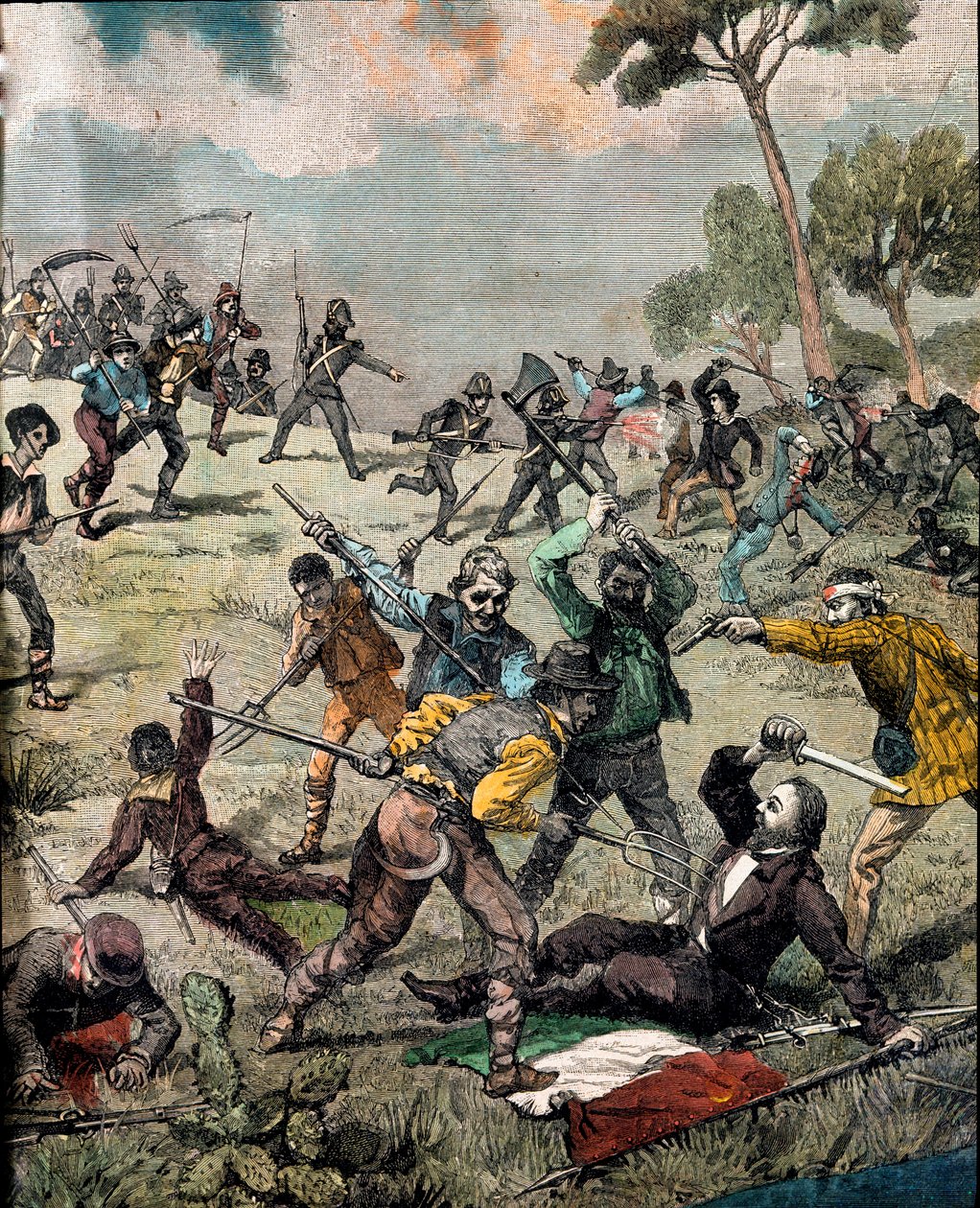 Risorgimento: "" اقتحام الثائر الإيطالي كارلو بيساكان (1818-1857) من قبل الفلاحين في سابري في 28/06/1857 "" مجموعة النقش الخاصة بواسطة فنان غير معروف