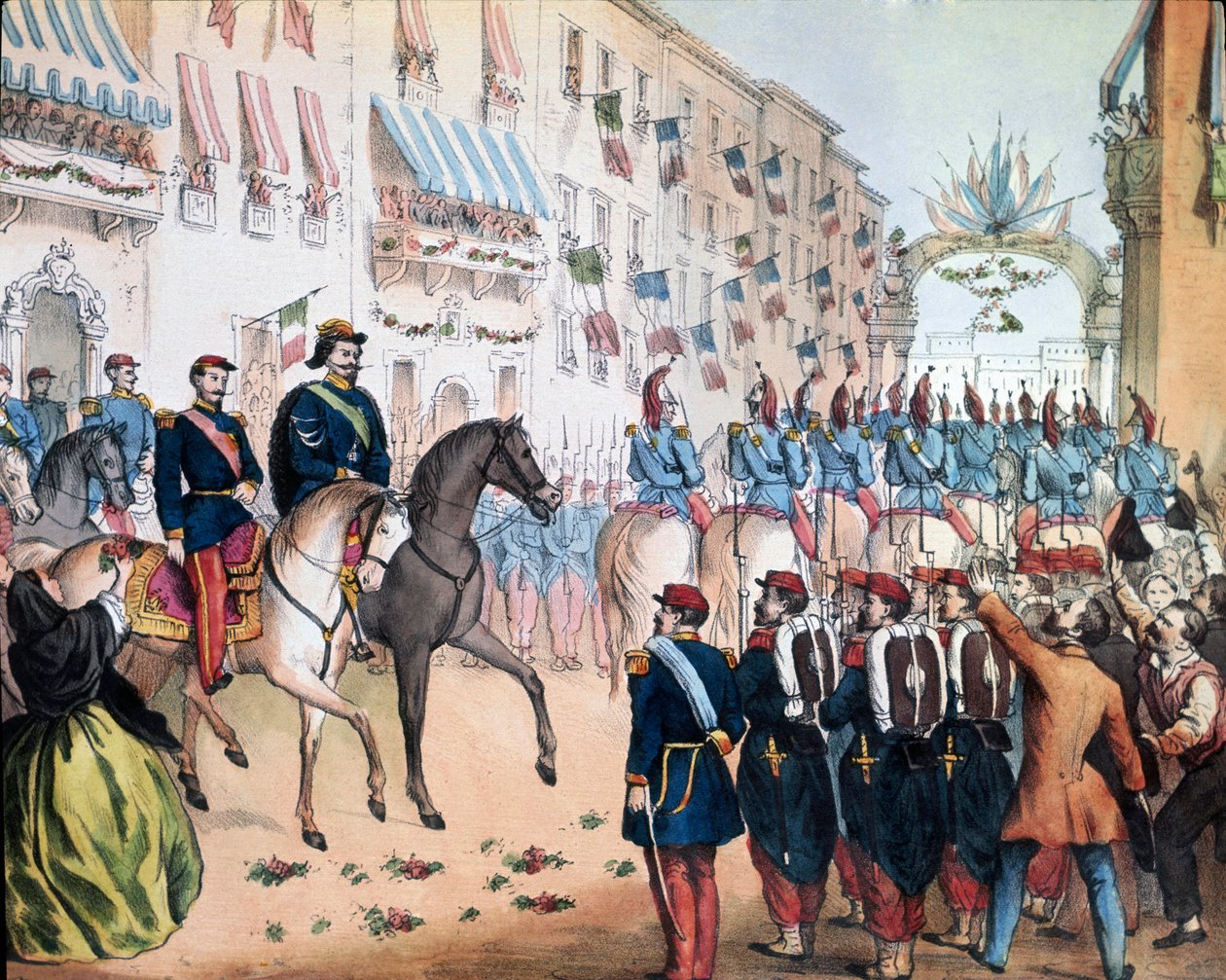 Risorgimento: "" مدخل فيكتور عمانويل (فيكتور إيمانويل أو فيتوريو إيمانويل) الثاني ملك إيطاليا ونابليون الثالث ، الإمبراطور الفرنسي ، في ميلانو في 08/06/1859. المتحف الوطني للطباعة الحجرية في Risorgimento Rome بواسطة فنان غير معروف