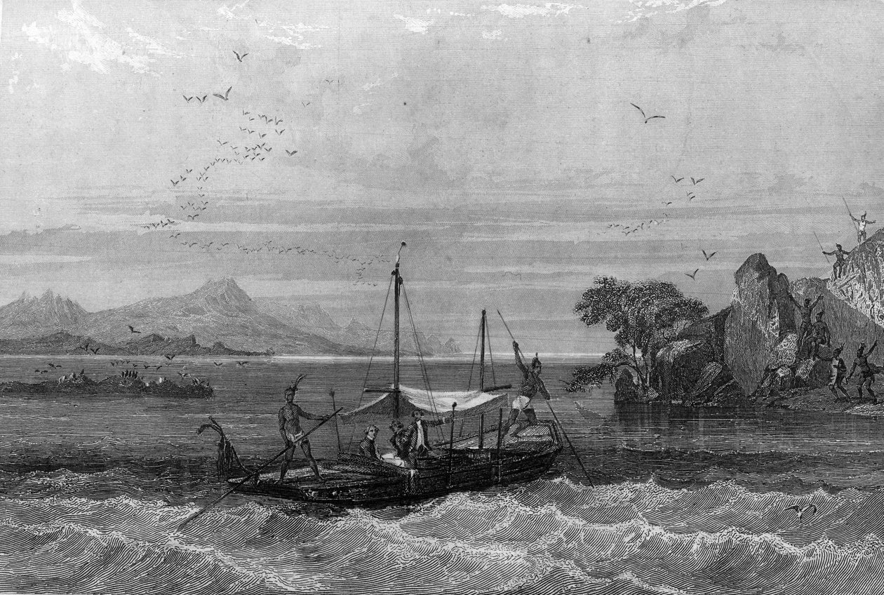 روبرت كافيلير دي لا سال (1643-1687) يصل إلى مصب نهر المسيسيبي ، أبريل 1675. في "Histoire générale de la Marine" بقلم فان تيناك بواسطة فنان غير معروف