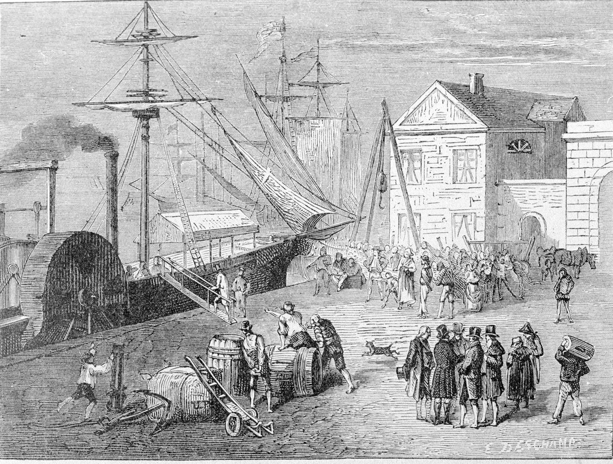 روبرت فولتون (1765 - 1815) ، باني أمريكي شرع في كليرمونت ، وهو قارب بناه عام 1807 لتوفير اتصال نيويورك - ألباني على نهر هدسون. نقش القرن التاسع عشر. بواسطة فنان غير معروف