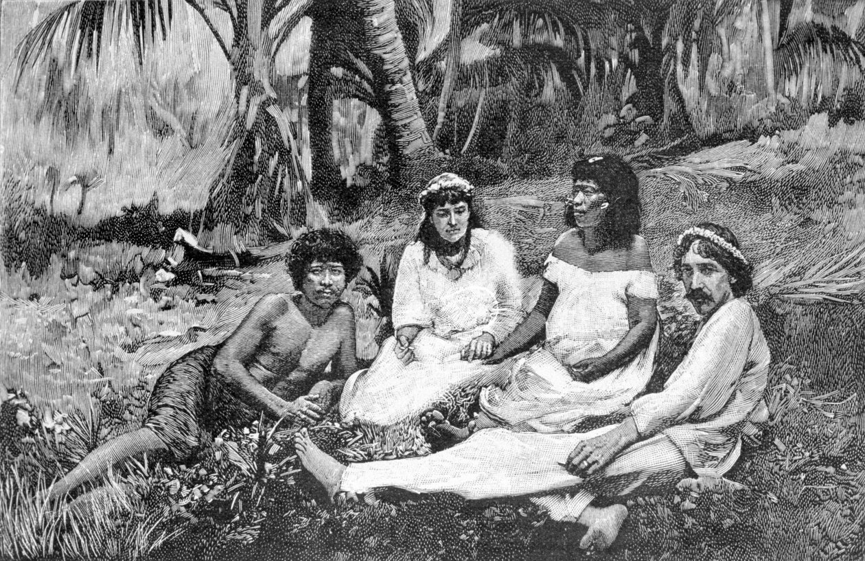 روبرت لويس ستيفنسون (1850 - 1894) مع زوجته في ساموا حيث نُشر مكان إقامته في Vailima. نقش حوالي 1890-1895. بواسطة فنان غير معروف