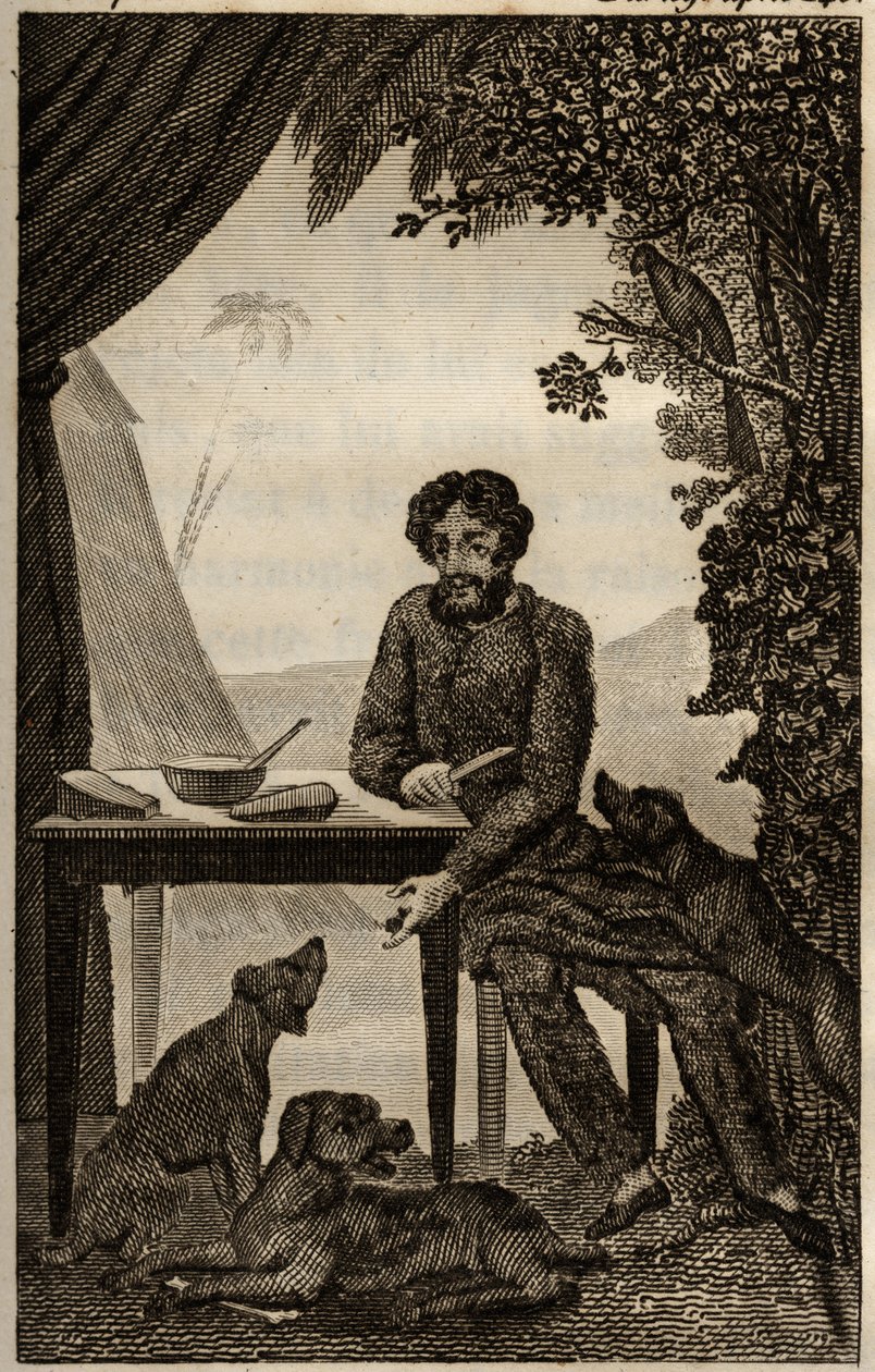 تنتظر كلاب روبنسون كروزو أن يرمي بعض القطع ليأكلها ، وقد تم إدخال نقش في "Les aventures de Robinson Crusoe" (1660-1731) لدانيال ديفو ، طبعة la librairie d'education ، باريس 1838. مجموعة سيلفا. بواسطة فنان غير معروف