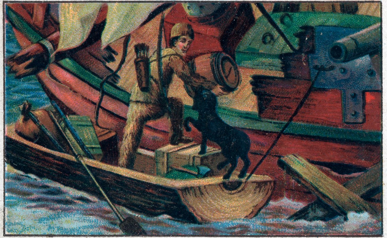 روبنسون يزور الحطام. رسم توضيحي لكتاب دانيال ديفو "" روبنسون كروزو ". الطباعة الحجرية الملونة في أواخر القرن التاسع عشر. بواسطة فنان غير معروف