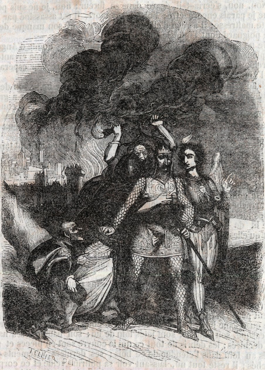 رودومونت يتخلى عن باريس - نقش عام 1851 من "" Roland furieux "(أورلاندو فوريوسو) (القرن السادس عشر) لودوفيكو أريوستو ، المعروف باسم Ariosta - نسخة مترجمة من الإيطالية بواسطة كونت تريسان ونشرها غوستاف هارفارد 1851 بواسطة فنان غير معروف