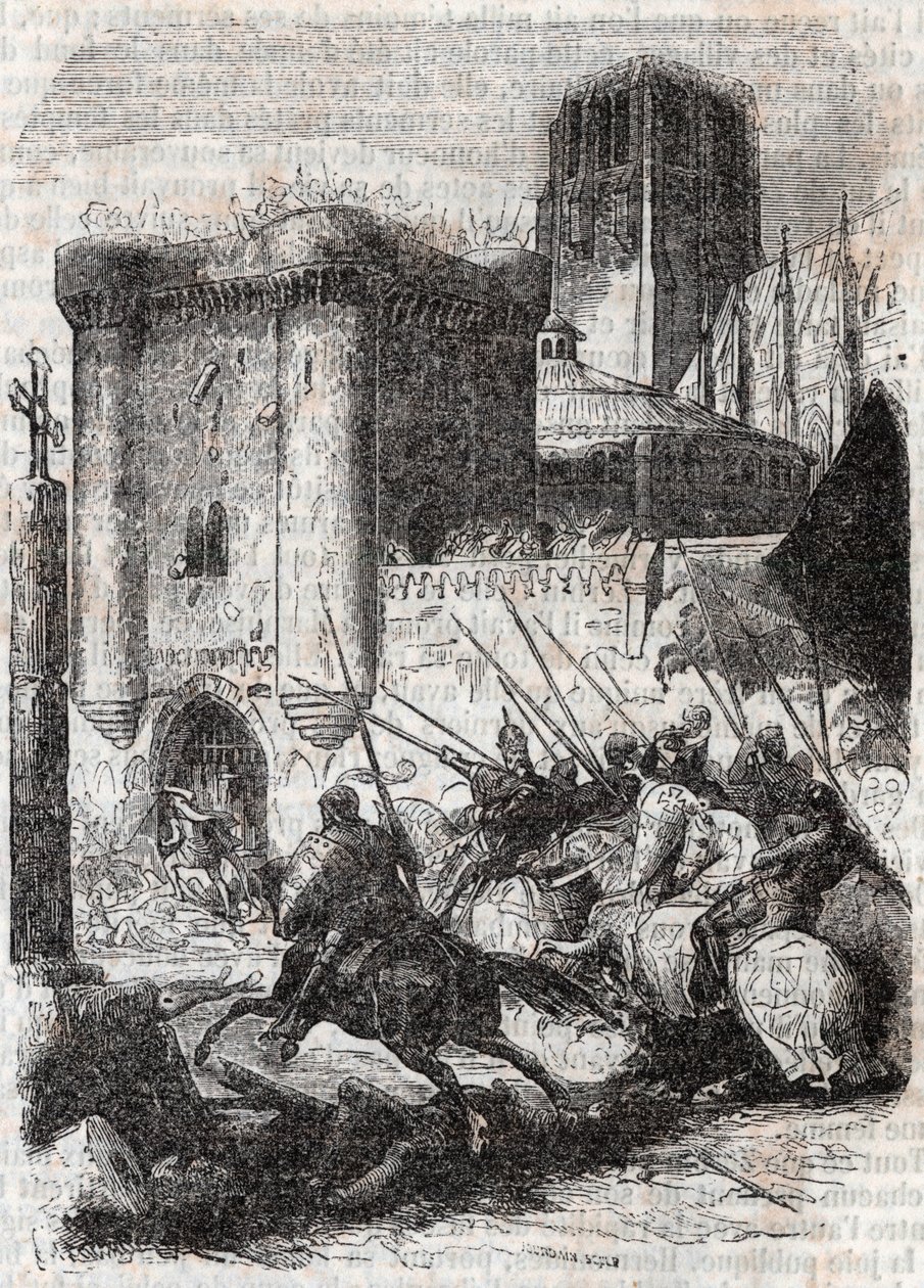 رودومونت يكسر أبواب قصر باريس - نقش 1851 من "Roland furieux" (أورلاندو فوريوسو) (القرن السادس عشر) لودوفيكو أريوستو ، المعروف باسم Arioste - طبعة مترجمة من الإيطالية بواسطة كونت تريسان ونشرها غوستاف هارف بواسطة فنان غير معروف