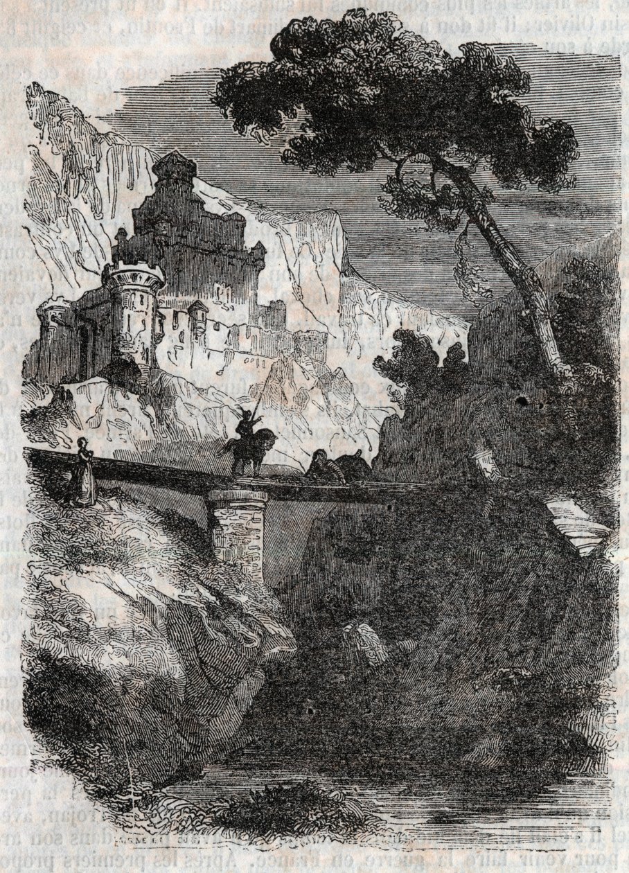 هزم رودومونت من قبل برادامانت - نقش عام 1851 من "Furious Roland" (أورلاندو فوريوسو) (القرن السادس عشر) من قبل Ludovico Ariosto ، المعروف باسم Ariosto - طبعة مترجمة من الإيطالية بواسطة Count of Tressan ونشرها Gustave Harvard 1851 بواسطة فنان غير معروف