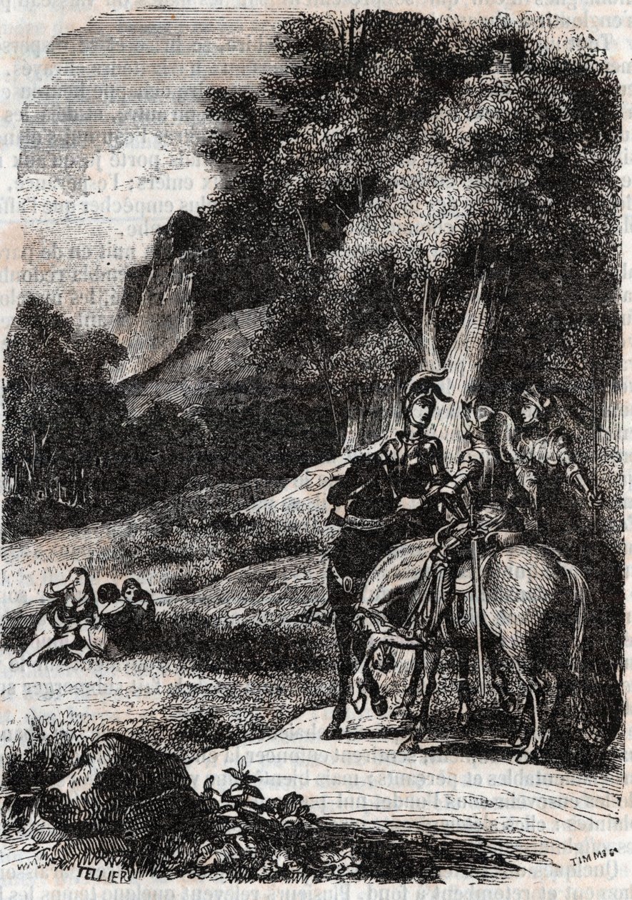 روجر (روجيرو ، روجيرو) ، مارفيسا (مارفيسا) والنساء الثلاث - نقش من عام 1851 من "" Roland furieux "(أورلاندو فوريوسو) (القرن السادس عشر) بواسطة Ludovico Ariosto ، يُدعى Ariosto - طبعة مترجمة من الإيطالية بواسطة كونت تريسان ونشرتها بواسطة فنان غير معروف