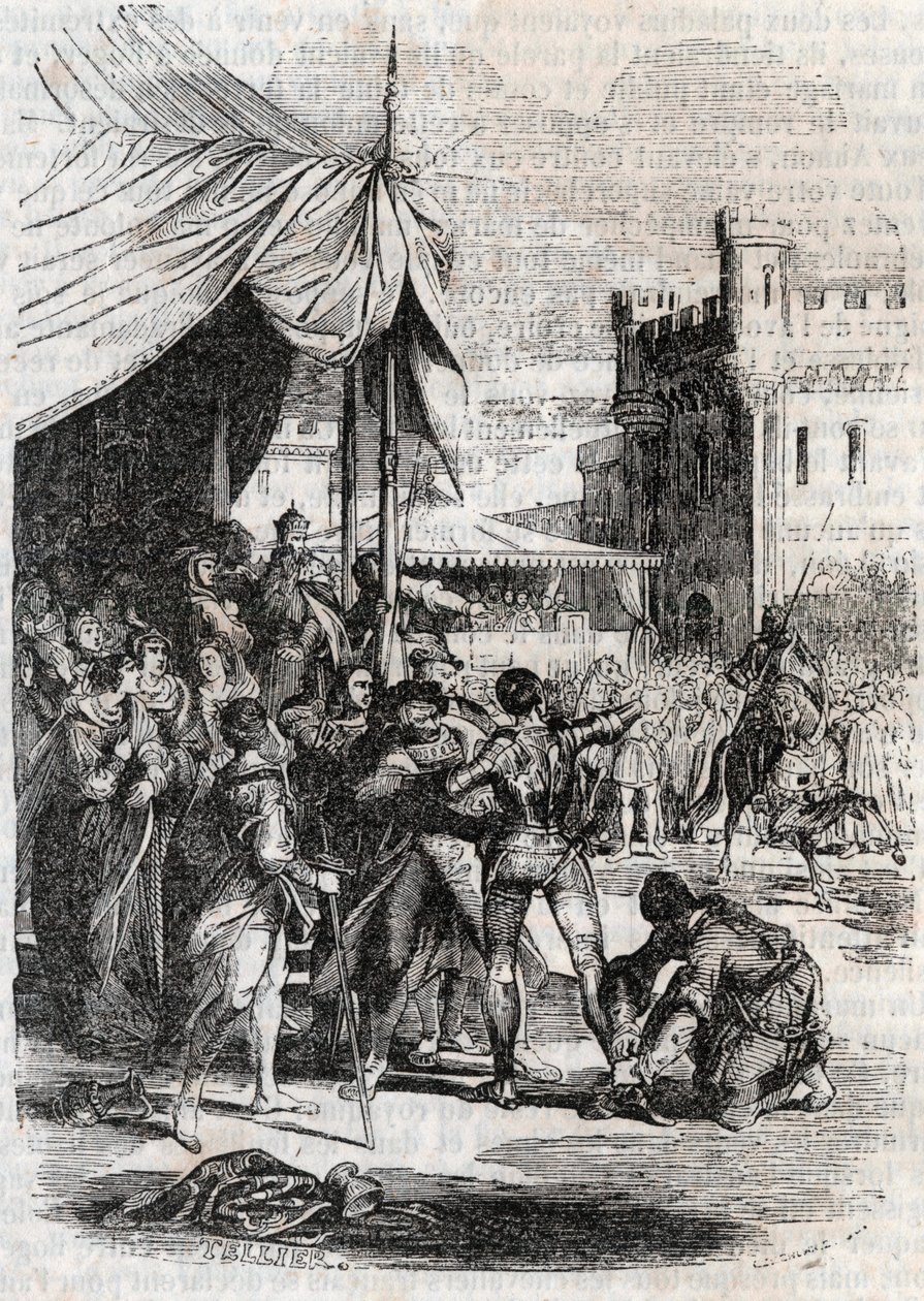 روجر (روجيرو ، روجيرو) يتحدى في معركة رودومونت (رودومونتي) - نقش عام 1851 من "" Furious Roland "(أورلاندو فوريوسو) (القرن السادس عشر) بواسطة Ludovico Ariosto ، المعروف باسم Ariosta - الطبعة المترجمة من الإيطالية بواسطة Count of تريسان ونشر بواسطة فنان غير معروف