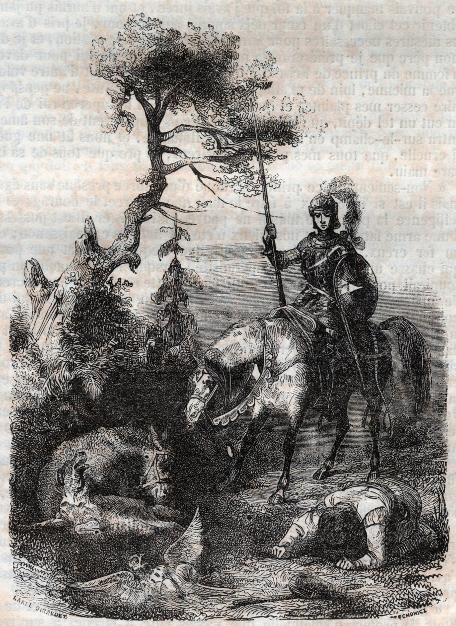 يستخدم روجر (روجيرو ، روجيرو) الدرع الساحر - نقش عام 1851 من "" Furious Roland "(أورلاندو فوريوسو) (القرن السادس عشر) بواسطة Ludovico Ariosto ، المعروف باسم Ariosta - إصدار مترجم من الإيطالية بواسطة كونت تريسان و نشرت من قبل بواسطة فنان غير معروف