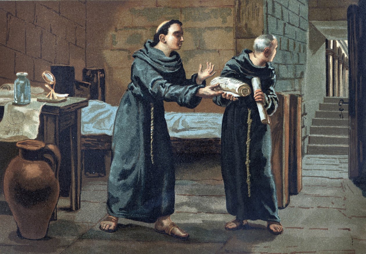 أرسل روجر بيكون ، الراهب الفرنسيسكاني والعالم اللاهوتي والفيلسوف والباحث الإنجليزي (1214-1294) كتاب "أوبوس ماجوس" (1267-1268) إلى البابا - في "La Ciencia y sus Hombres" بقلم لويس فيغير. برشلونة 1881 بواسطة فنان غير معروف
