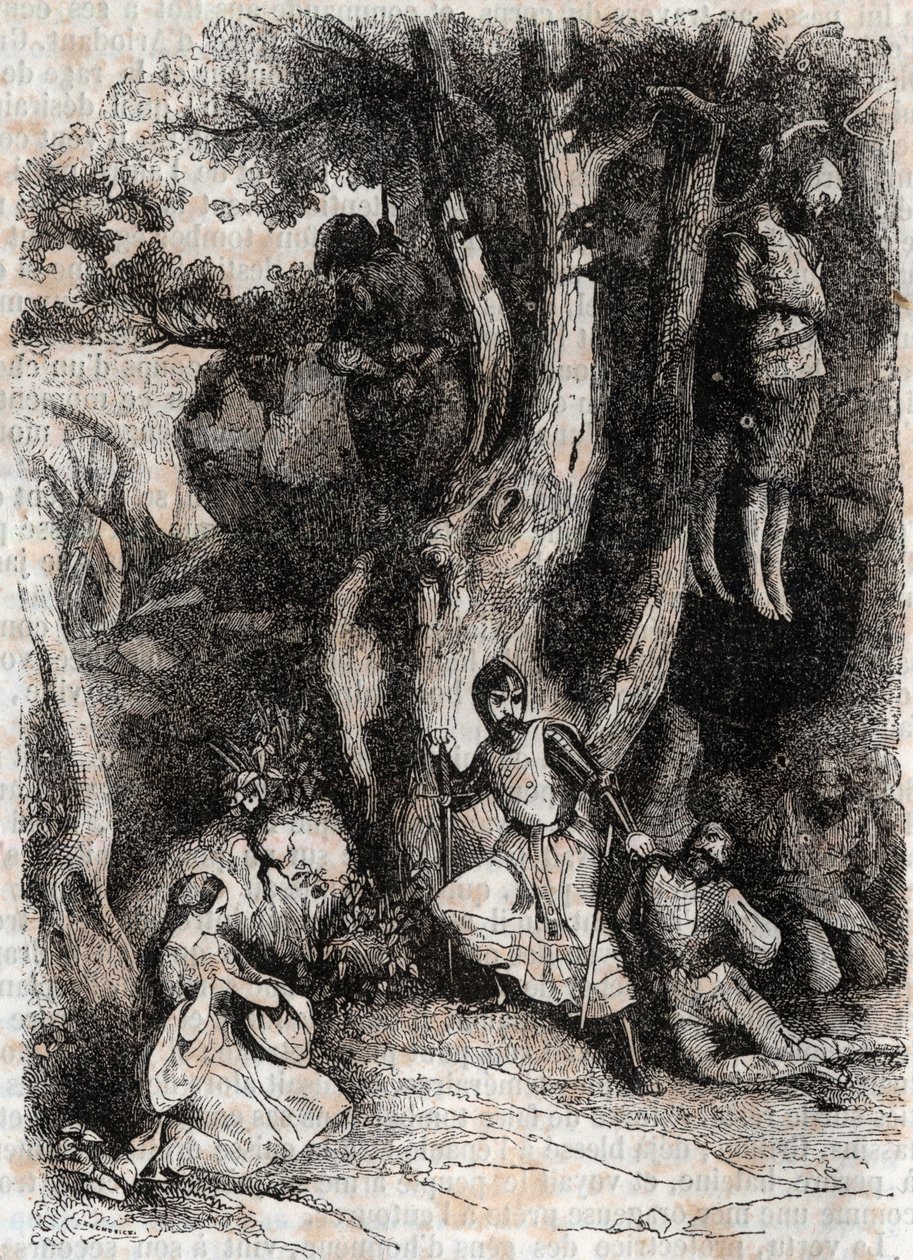 Roland و Seven Brigands of the Cave - نقش عام 1851 من "Furious Roland" (أورلاندو فوريوسو) (القرن السادس عشر) بواسطة Ludovico Ariosto ، المعروف باسم Ariosta - طبعة مترجمة من الإيطالية بواسطة Count of Tressan ونشرها Gustave هارفارد بواسطة فنان غير معروف