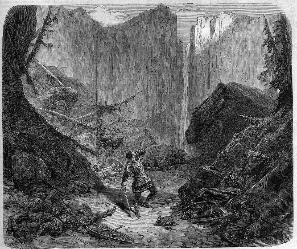 رولان ينفخ في بوقه في معركة رونسيسفو في 15 أغسطس 778. رسم لألفونس دي نوفيل (1836-1885) لأوبرا "Roland a Roncesvaux" (الفصل الرابع ، المشهد 1) لأوغست ميرمت (1810-1889). باريس ، المسرح الإمبراطوري دي لوبيرا بواسطة فنان غير معروف