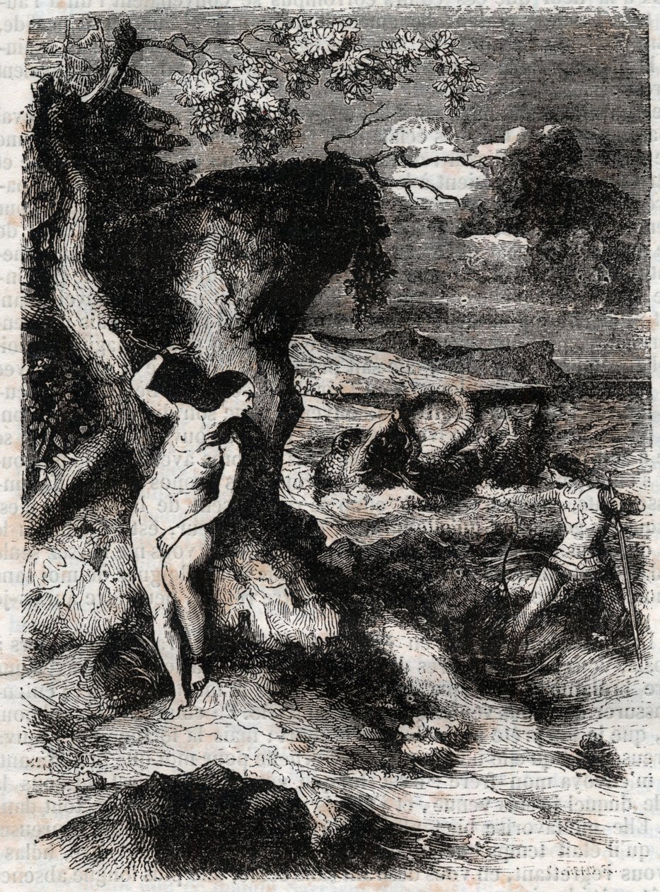 Roland delivre Olympe - نقش عام 1851 من "Roland furieux" (أورلاندو فوريوسو) (القرن السادس عشر) بواسطة Ludovico Ariosto ، المعروف باسم Ariosto - طبعة مترجمة من الإيطالية بواسطة Count of Tressan ونشرها Gustave Harvard 1851 بواسطة فنان غير معروف