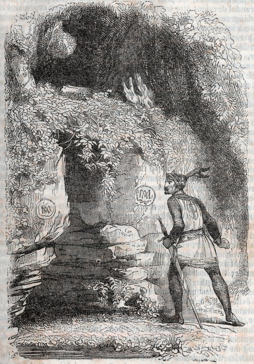 يجد رولاند مجسمات ميدور (ميدورو) وأنجيليك (أنجليكا) - نقش عام 1851 من "" Furious Roland "(أورلاندو فوريوسو) (القرن السادس عشر) بواسطة Ludovico Ariosto ، المعروف باسم Ariosta - طبعة مترجمة من الإيطالية بواسطة Count of تريسان و بوبليس بواسطة فنان غير معروف
