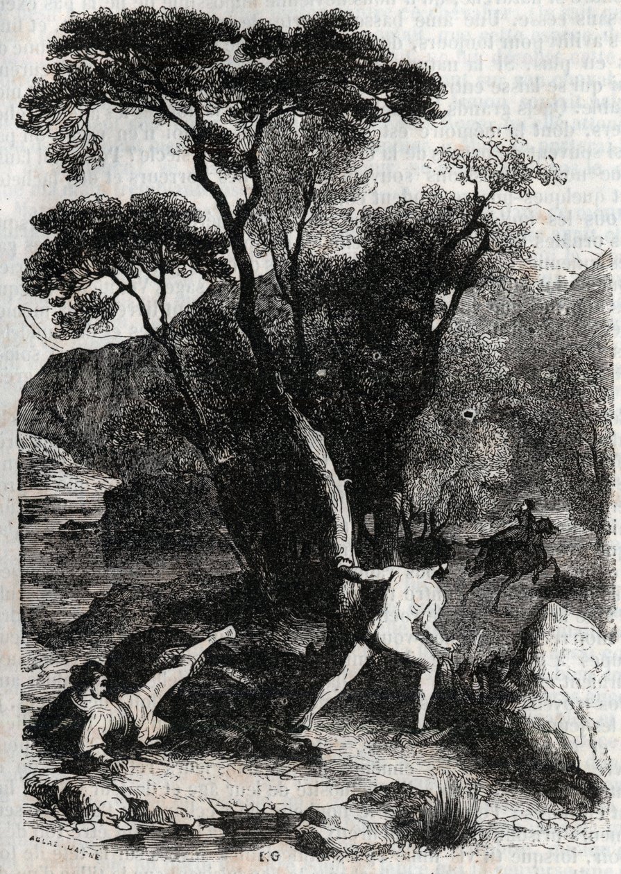 رولان يطارد أنجيليك (أنجليكا) - نقش عام 1851 من "" Furious Roland "" (أورلاندو فوريوسو) (القرن السادس عشر) بواسطة Ludovico Ariosto ، المعروف باسم Ariosto - طبعة مترجمة من الإيطالية بواسطة Count of Tressan ونشرها Gustave Harvard 1851 بواسطة فنان غير معروف