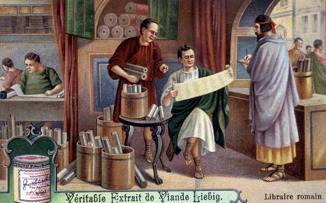 بائع الكتب الروماني. Chromolithography ، صورة Liebig. بواسطة فنان غير معروف