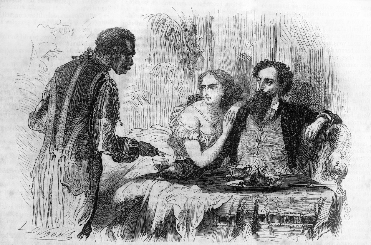 المسلسل الروماني: "متشددو باريس" لبول بوكاج (1824-1887). "الزنجي جلب لروبرت بطاقة العمل." نقش في "" Les bons romances "" بواسطة فنان غير معروف