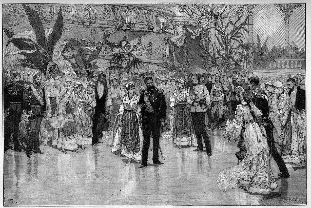 رومانيا: الكرة تكريما للأمير رودولف (1858-1889) والأميرة ستيفاني من النمسا والمجر (1864-1945) في المسرح الوطني في بوخارست. نقش في "" Le Monde Illustré "" بواسطة فنان غير معروف
