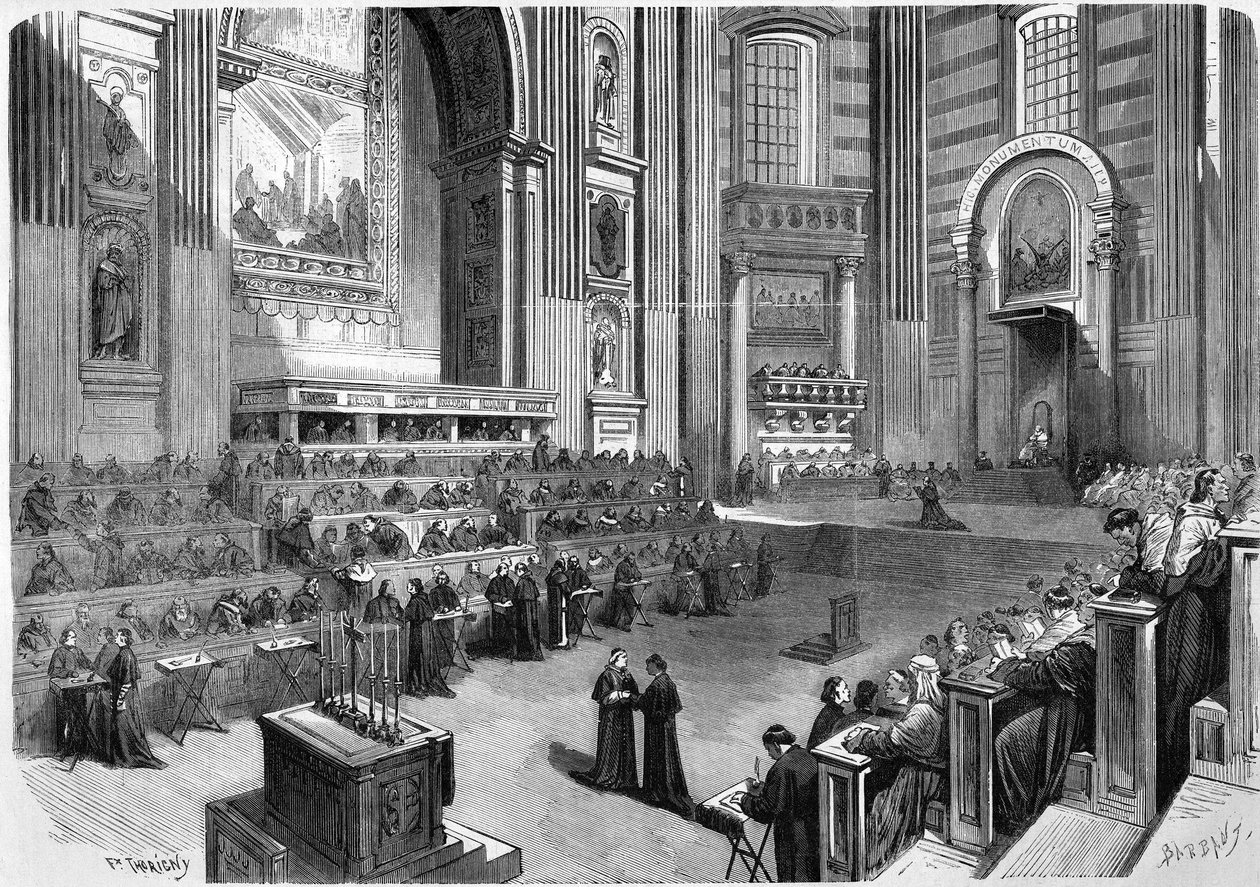 روما 1869 ، الاجتماع الأول للمجلس المسكوني لعام 1869 الذي عقد في 9 ديسمبر في الجزء الأيمن من كنيسة القديس بطرس. بواسطة فنان غير معروف