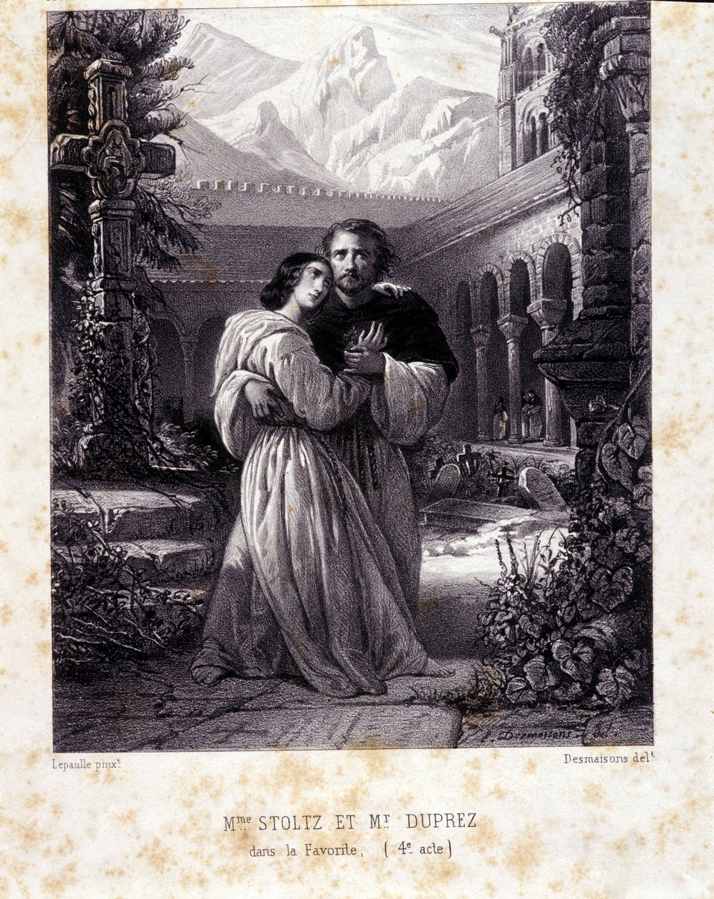 Rosina Stoltz و Gilbert Duprez في الفصل الرابع من "The Favourite" للمخرج Gaetano Donizetti. 1840. بواسطة فنان غير معروف