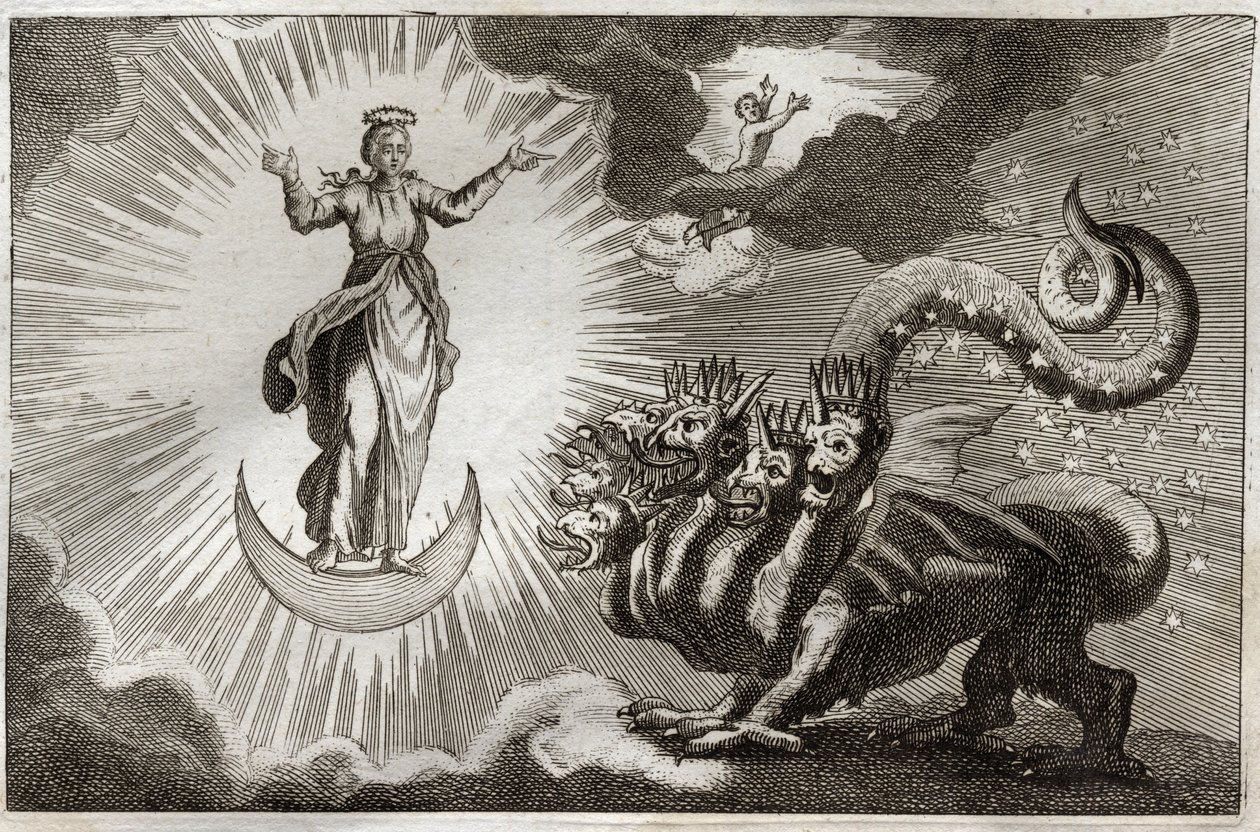 الكتاب المقدس Royaumont ، العهد الجديد: Bete of Revelation. يرى القديس يوحنا وحشًا وحشيًا له سبعة رؤوس وعشرة قرون وامرأة حامل محاطة بالنور وتحت قدميها القمر وعلى رأسها تاج من اثني عشر نجمة. رسم توضيحي من عام 1811. بواسطة فنان غير معروف