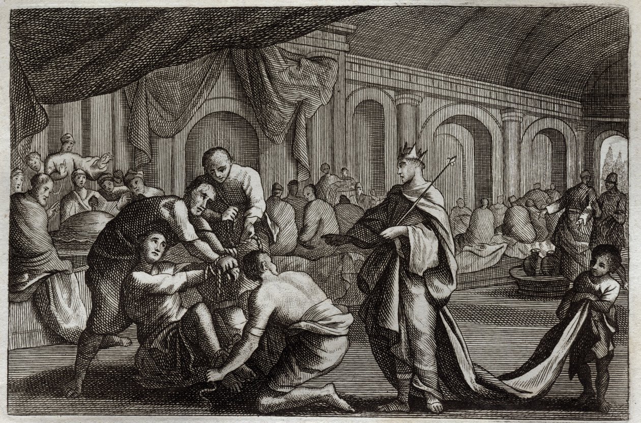 الكتاب المقدس Royaumont ، العهد الجديد: فستان الزفاف. مَثَل لملك أقام حفل زفاف ابنه ، فرفض منه رجلاً لم يكن يرتدي فستان الزفاف. رسم توضيحي من عام 1811. بواسطة فنان غير معروف