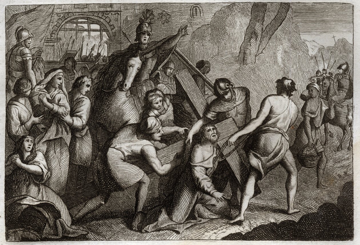 الكتاب المقدس روياومونت ، العهد الجديد: حمل الصليب (طريق الصليب). يسوع المسيح يحمل صليبه إلى جبل الجلجثة بمساعدة سمعان القيرواني (القيرواني). رسم توضيحي من عام 1811. بواسطة فنان غير معروف