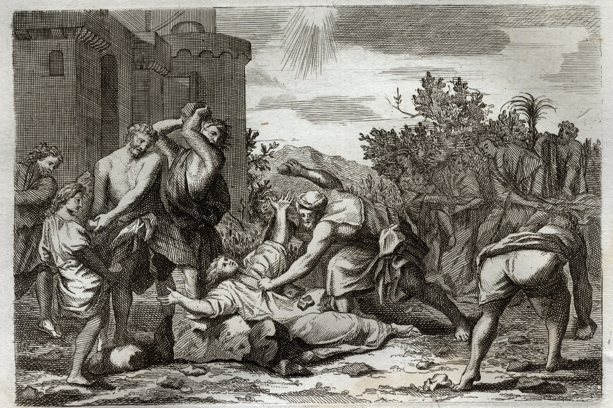 كتاب رومونت المقدس ، العهد الجديد: موت القديس ستيفن ، أول شهيد مسيحي ، رجمًا. رسم توضيحي من عام 1811. بواسطة فنان غير معروف