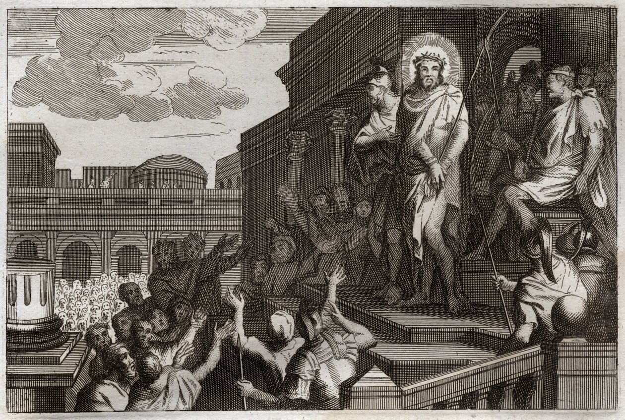 الكتاب المقدس Royaumont ، العهد الجديد: Ecce homo. يقدم بيلاطس البنطي (بيلاطيوس البنطي) يسوع المسيح بالأشواك إلى الجموع قائلاً: "هذا هو الإنسان". رسم توضيحي من عام 1811. بواسطة فنان غير معروف