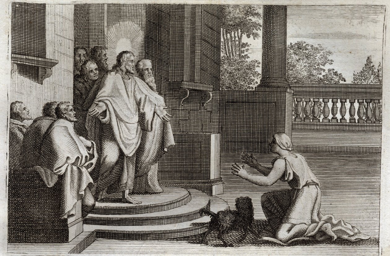 كتاب رومونت المقدس ، العهد الجديد: يسوع المسيح وزوجة كنعان (الكنعاني أو المرأة الأجنبية). فلاحة تطلب من الرب مساعدتها لشفاء ابنتها. أجابه السيد المسيح: "أُرسلت فقط إلى خراف بيت إسرائيل الضالة." رسم توضيحي من بواسطة فنان غير معروف