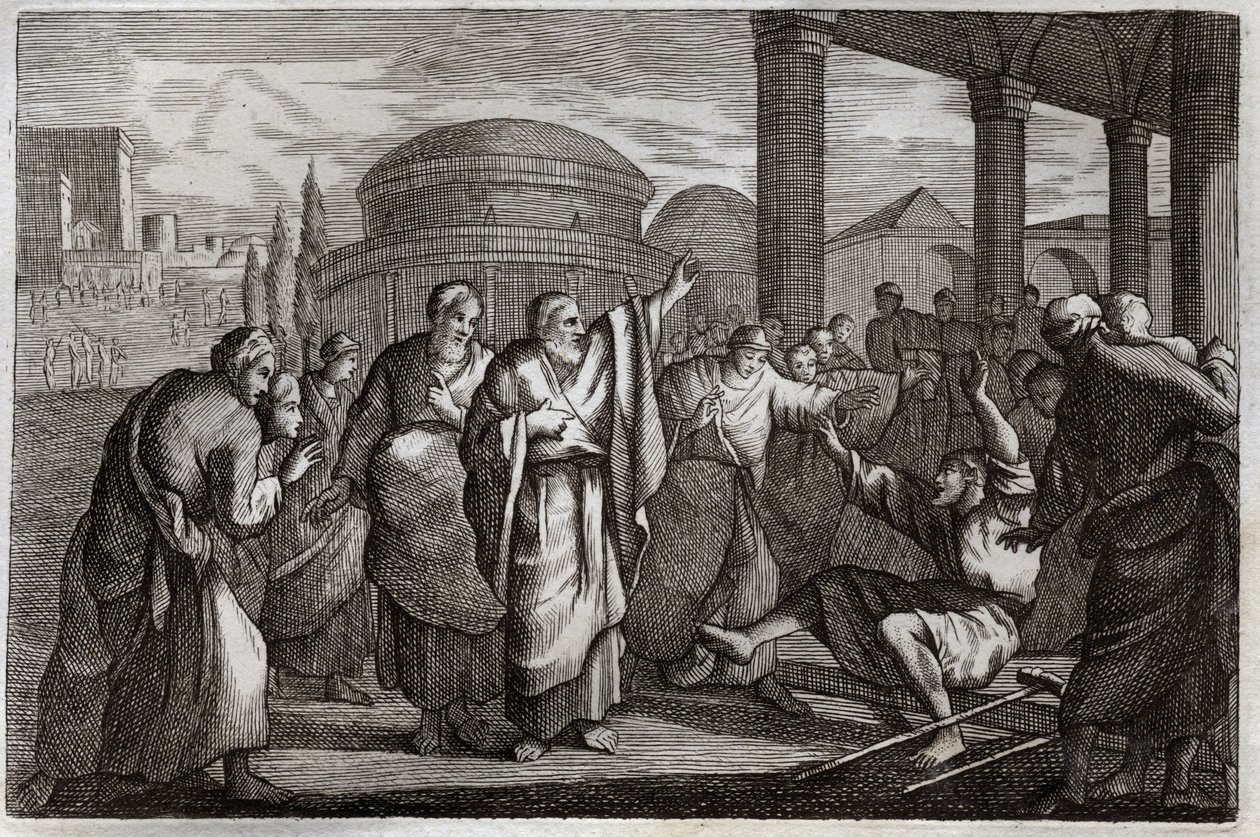 الكتاب المقدس Royaumont ، العهد الجديد: Lame gueri. يحارب القديس بولس الأعرج ويقبض على الناس الذين أرادوا التضحية له مثل الله. رسم توضيحي من عام 1811. بواسطة فنان غير معروف